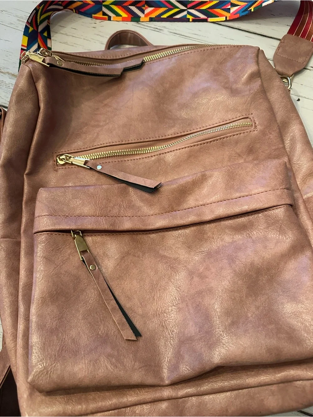 Blush Pink Vegan Leather Backpack with Colorful Strap